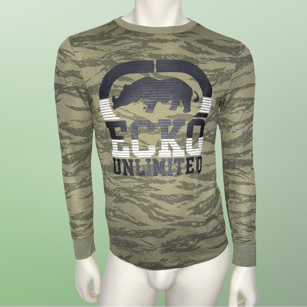 Ecko Unlimited Olive Camouflage Long Sleeve Shirt Vintage Y2K